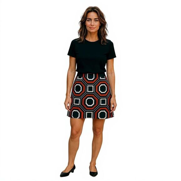 Ann Taylor Geometric Embroidered Pencil Skirt sz 10 Edgy Career Black Red White - Picture 1 of 12